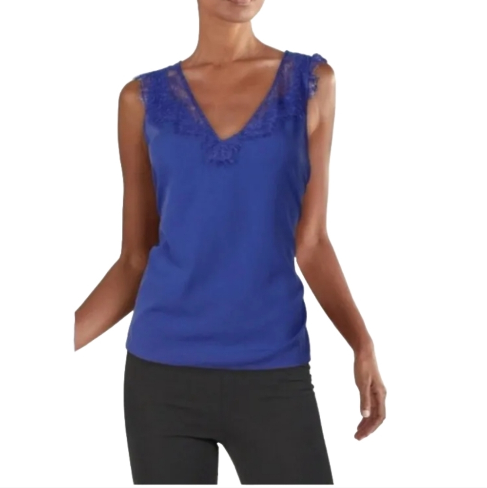 French Connection Chioma Womens Lace Trim V-Neck Tank blouse In Blue Size MED